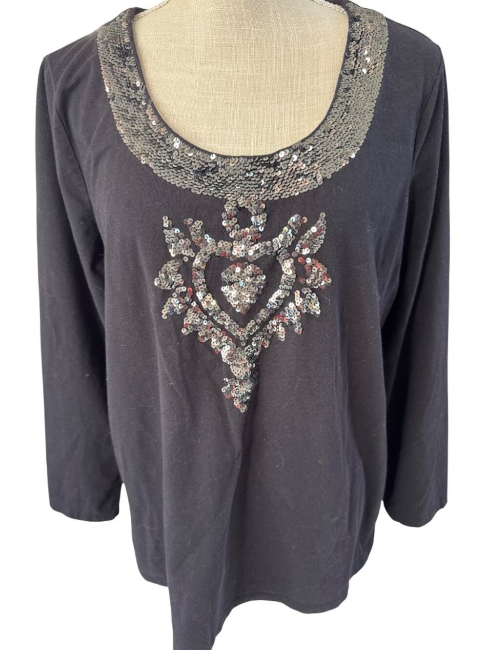 Black Long Sleeve Top With Sequin Heart Design & Embellished Neckline